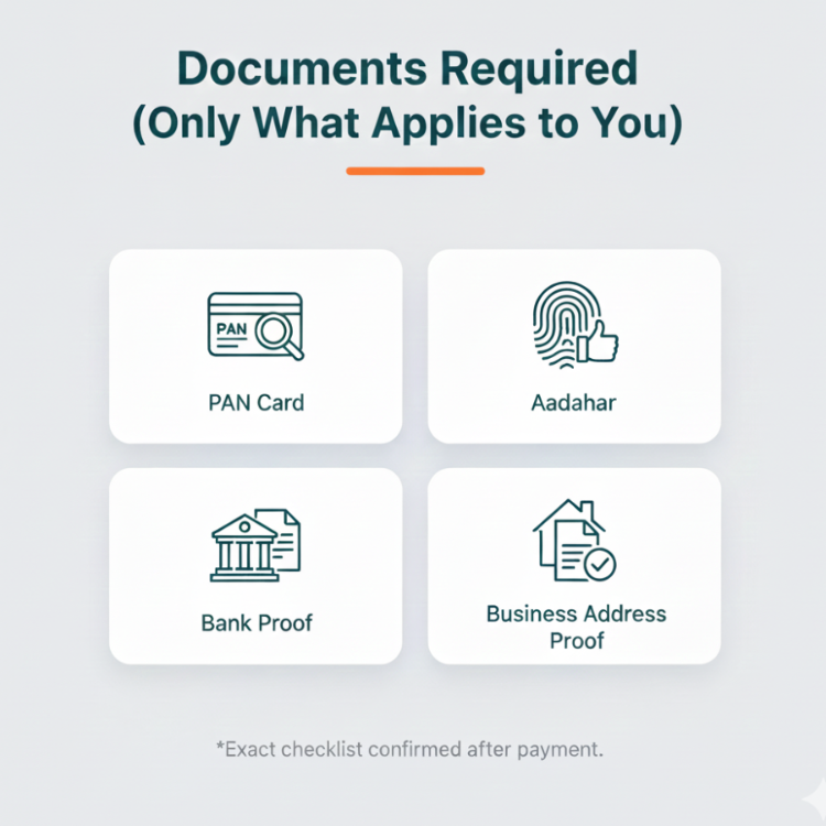 List of documents required for a financial service with icons and text on a light gray background.
