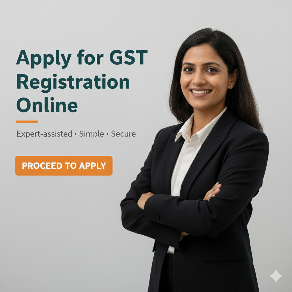 Promotional graphic for applying for GST registration online with a professional woman in a suit.